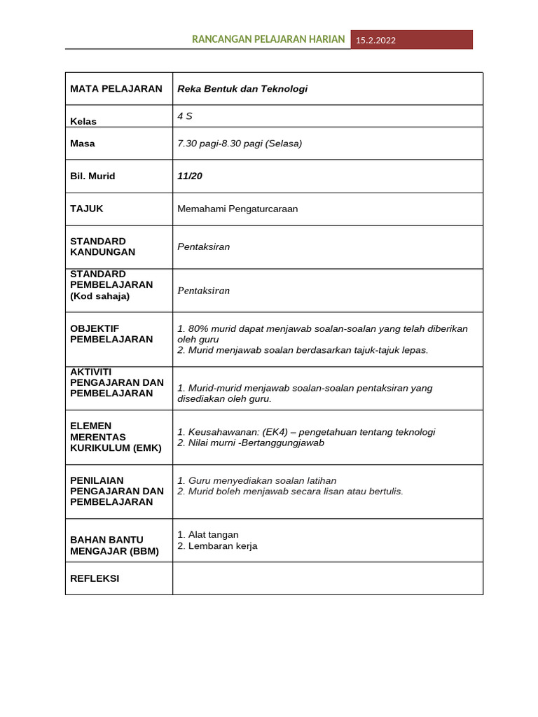 RPH RBT Tahun 4 | PDF
