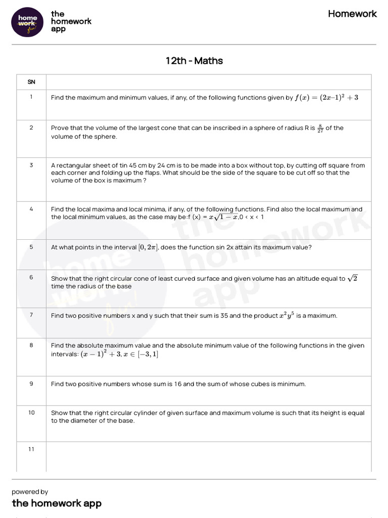 Questions - Homework - 12th - Maths - 2025-09-27T0219 | PDF | Analysis ...