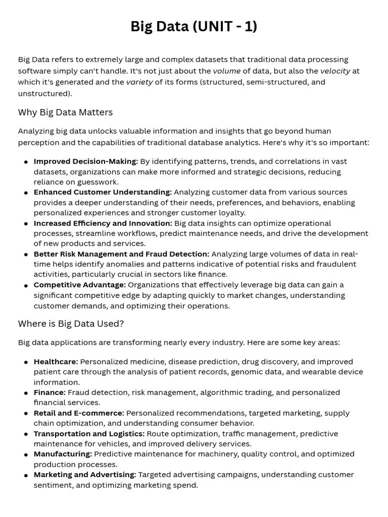Big Data (UNIT - 1) | PDF | Apache Spark | Big Data