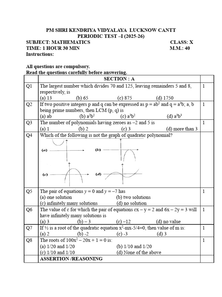 Class X Mathematics Periodic Test I | PDF | Zero Of A Function | Polynomial