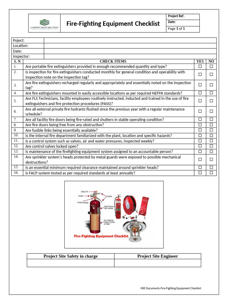 Fire-Fighting Equipment Inspection Checklist | PDF | Firefighting | Safety