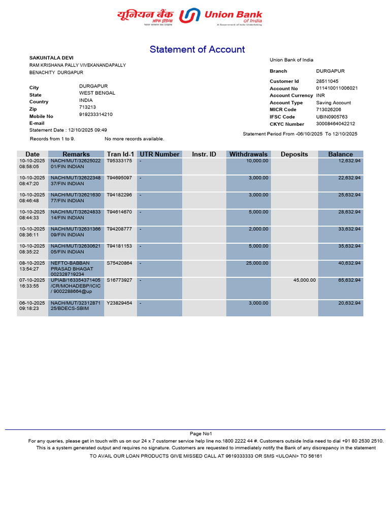 Union Bank Account Statement Summary | PDF | Banking | Service Industries