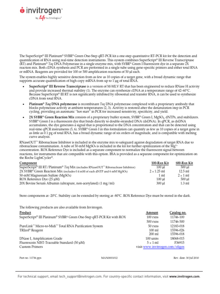 SuperScript III One-Step qRT-PCR Kit | PDF | Polymerase Chain Reaction ...