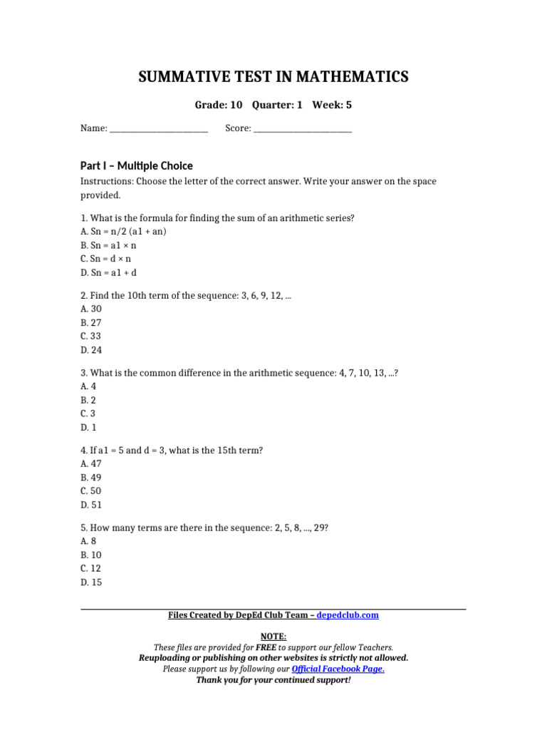 Grade 10 Mathematics Summative Test | PDF | Summation | Sequence