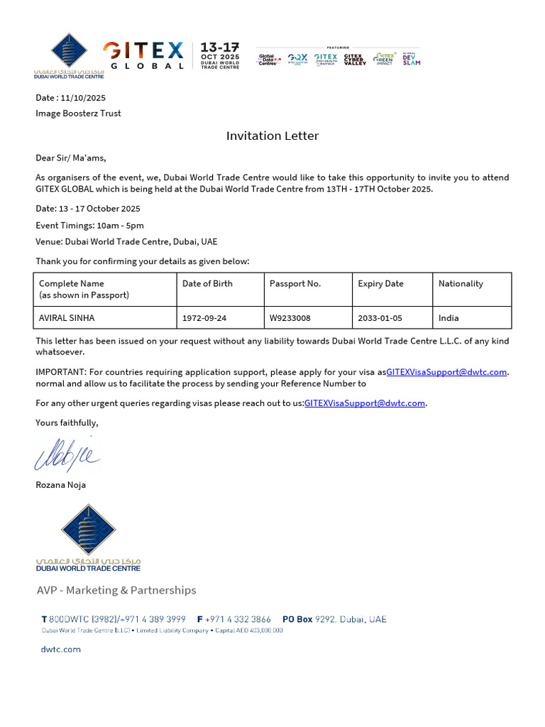 Invitation for UAE Visa - GITEX 2025 | PDF