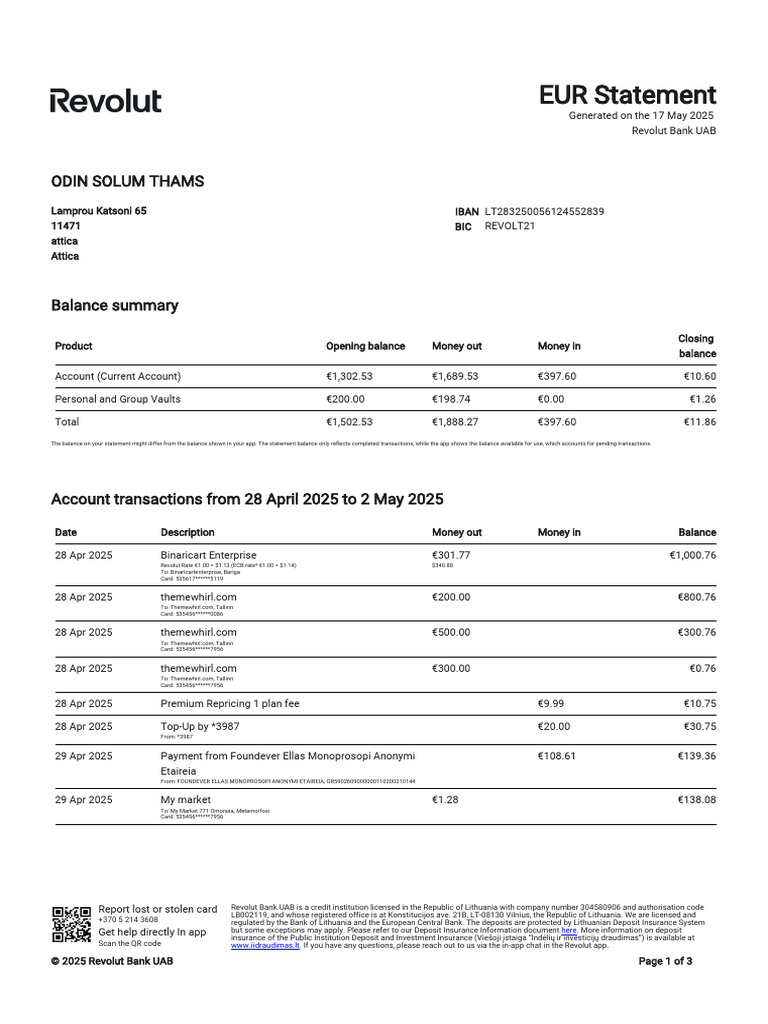 Revolut EUR Statement Overview | PDF | Banks | Annual Percentage Rate