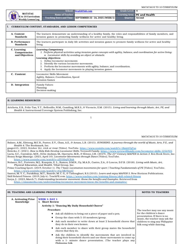 DLL Matatag - Pe & Health 4 q2 Week5-6 | PDF
