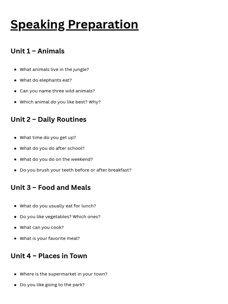 A1 Speaking Topics Guide | PDF