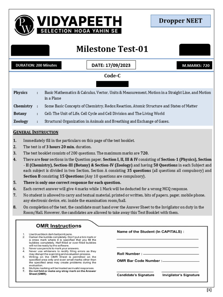 NEET Milestone Test: Physics, Chemistry, Botany, Zoology | PDF ...