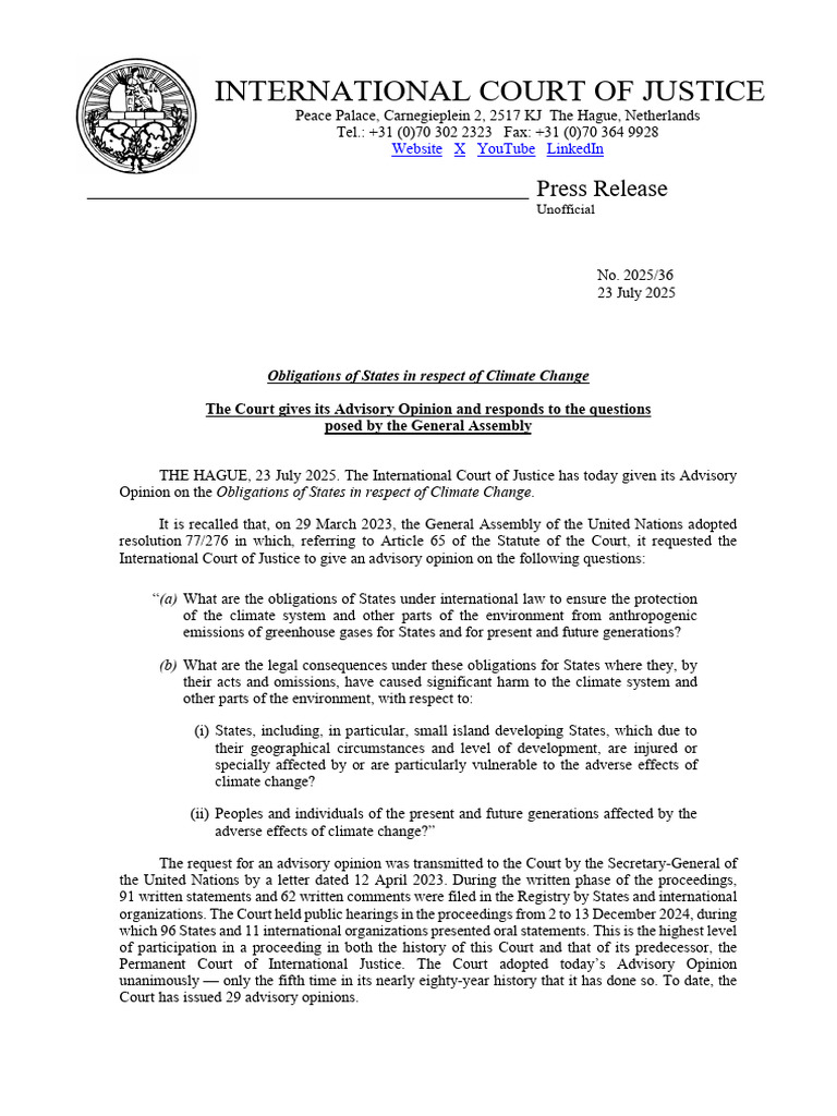 ICJ Advisory Opinion on Climate Obligations | PDF | United Nations ...
