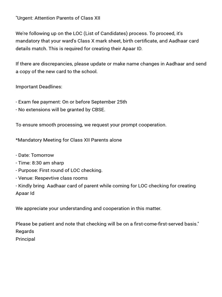 Class XII LOC Process: Urgent Parent Meeting | PDF