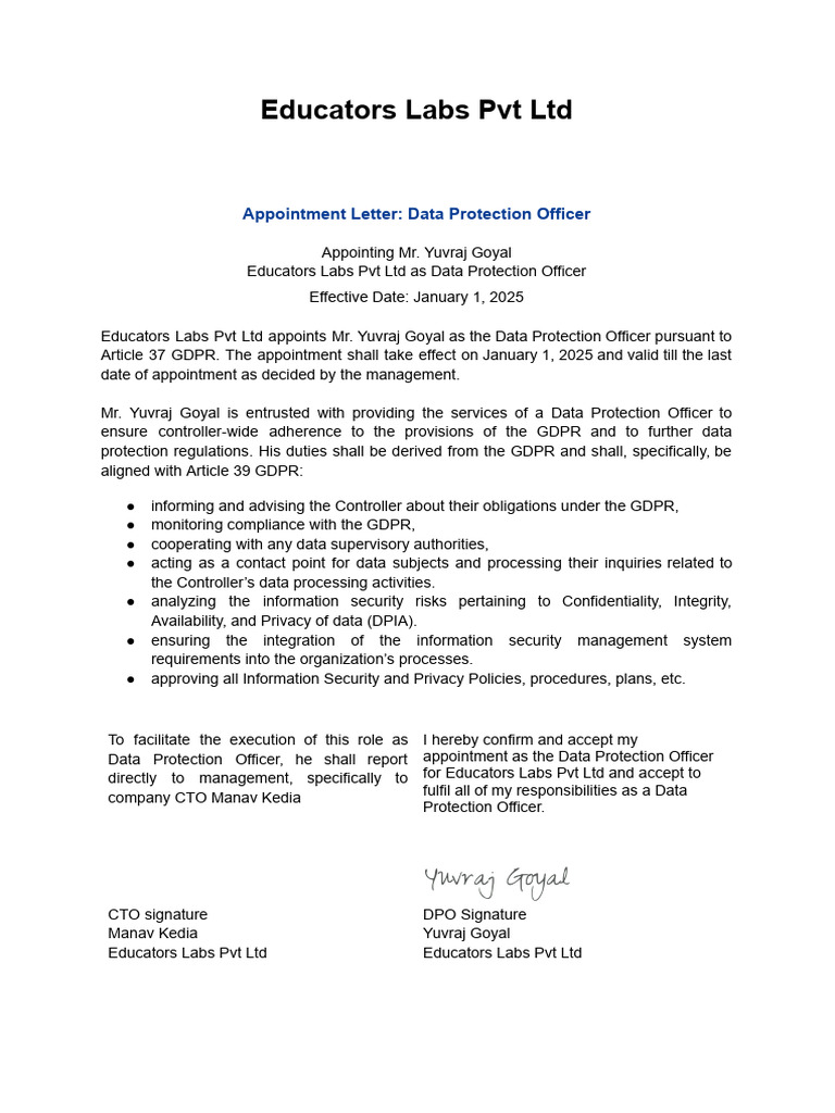Appointment of Data Protection Officer | PDF