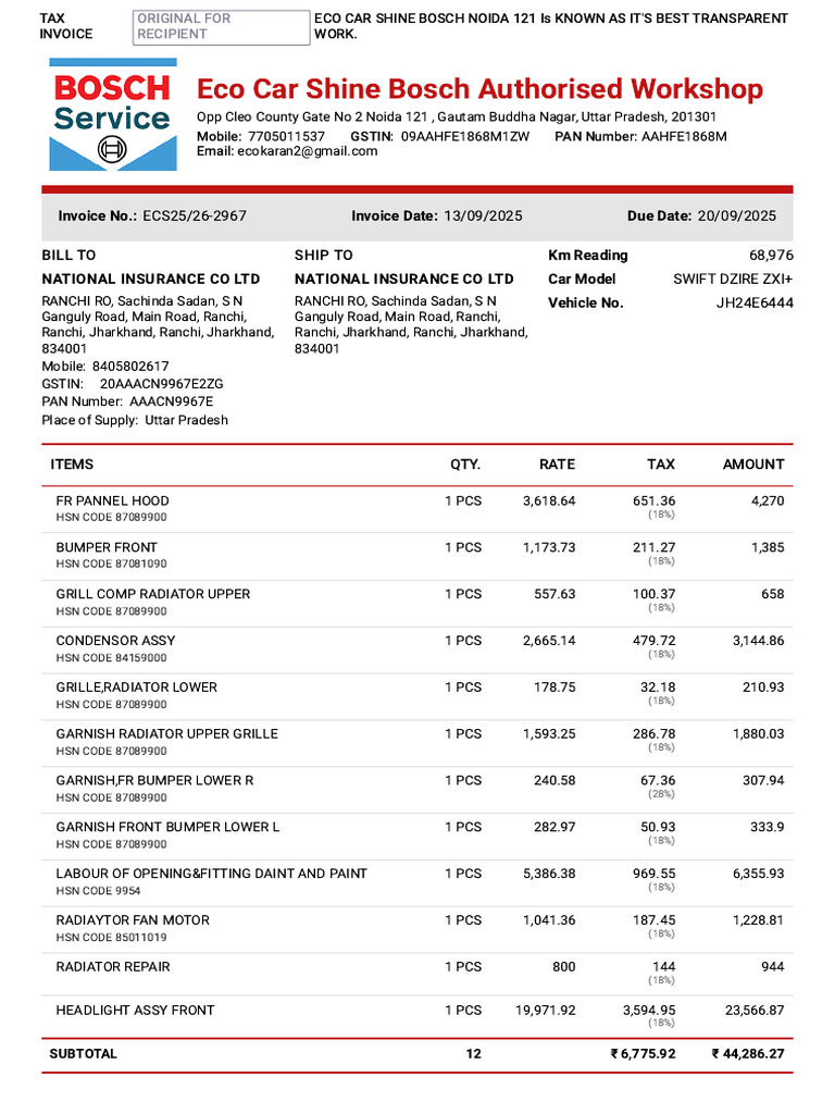 Eco Car Shine Bosch Invoice Details | PDF | Motor Vehicle | Automotive ...