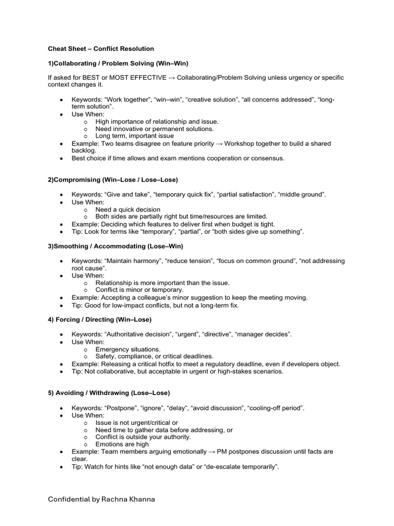 Conflict Managemnet Cheat Sheet | PDF | Conflict Resolution | Psychology