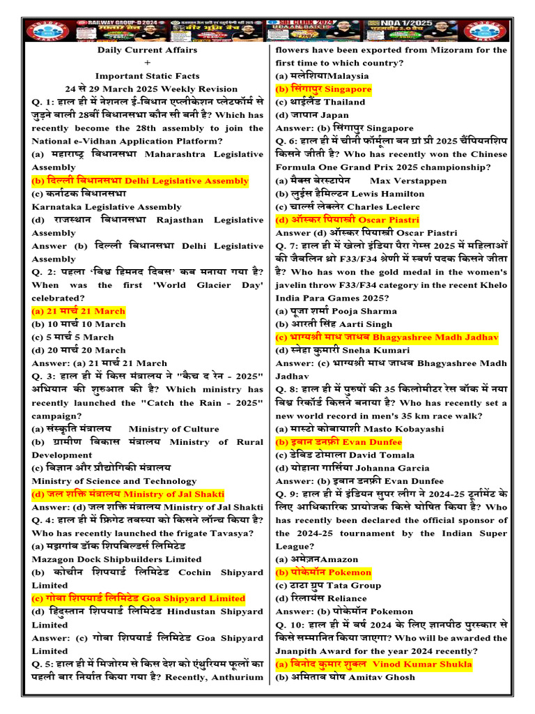Current Affairs Weekly Revision 2025 - Daily Current Affairs - PDF - I ...
