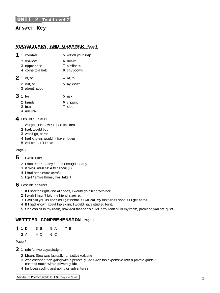 Unit 2 Level 2 Test Answer Key | PDF