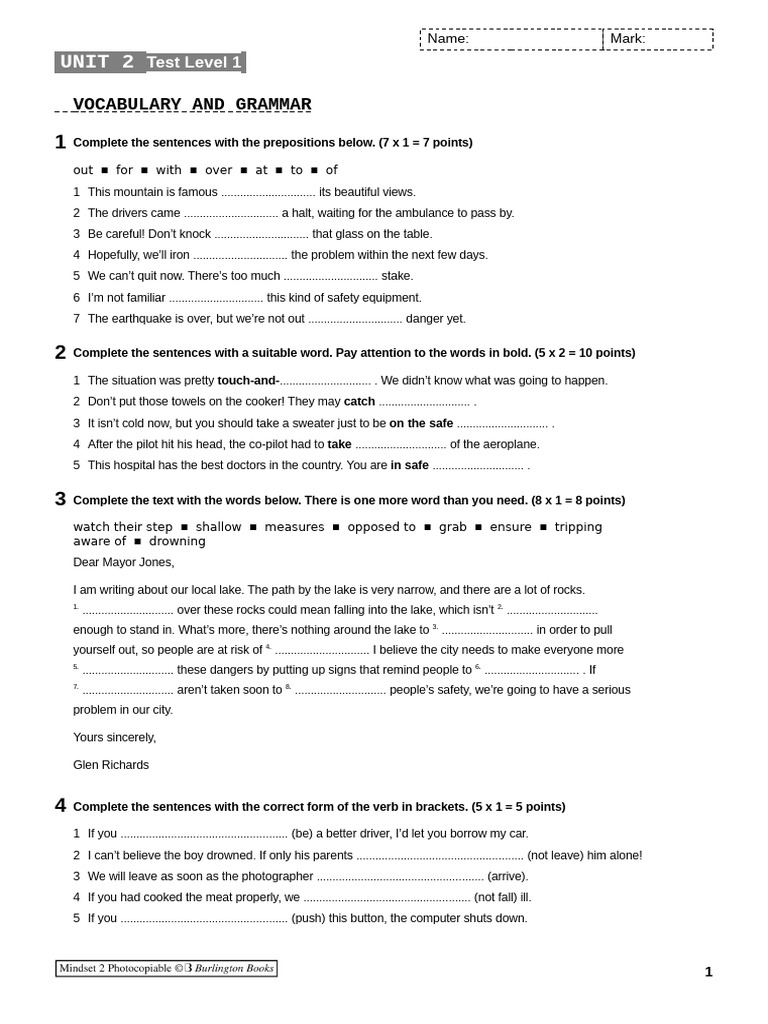 Vocabulary and Grammar Test Level 1 | PDF