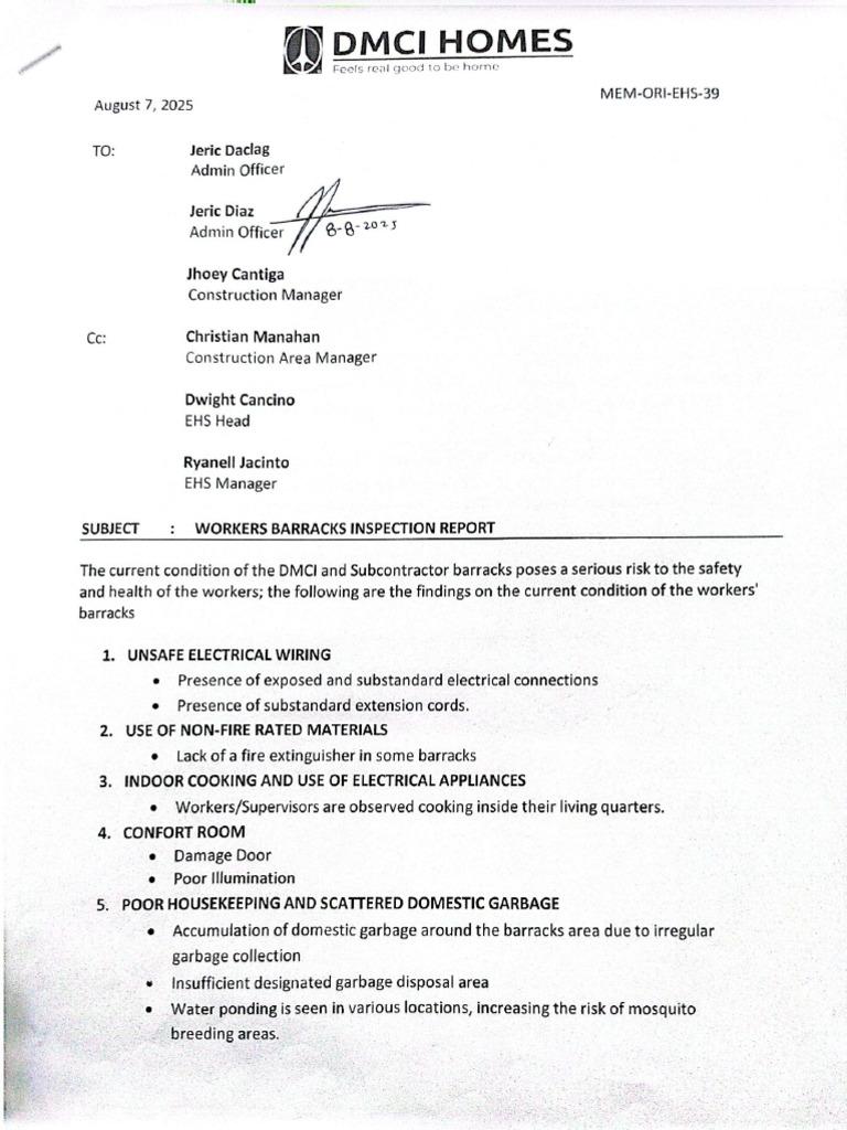 Workers Barracks Inspection | PDF