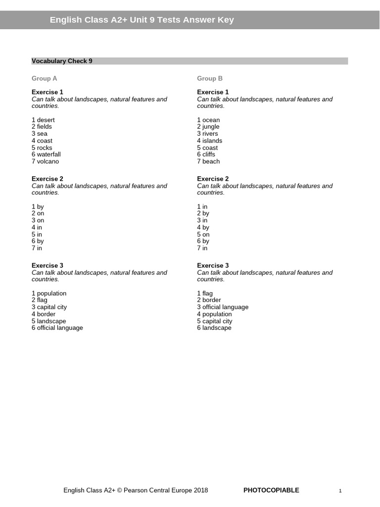 A2+ English Unit 9 Tests Answer Key | PDF