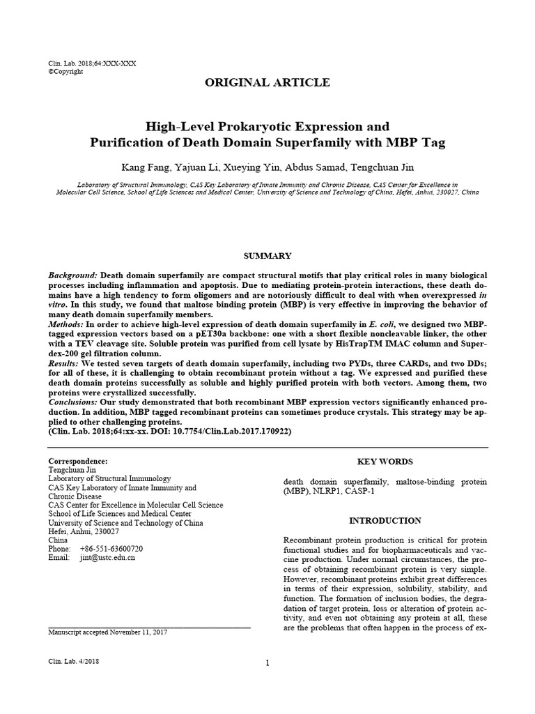 High-Level Prokaryotic Expression and Purification of Death Domain ...
