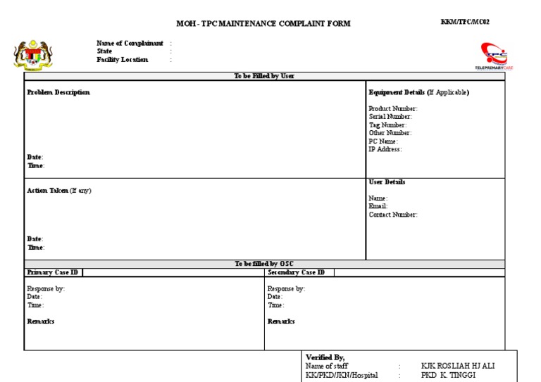 KKM TPC Maintenance Complaint Form | PDF