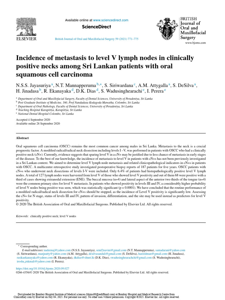 Level V Lymph Node Metastasis in OSCC | PDF | Pathology | Diseases And ...