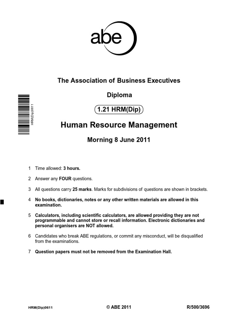 ABE HRM Past Paper PDF Human Resource Management Corporate