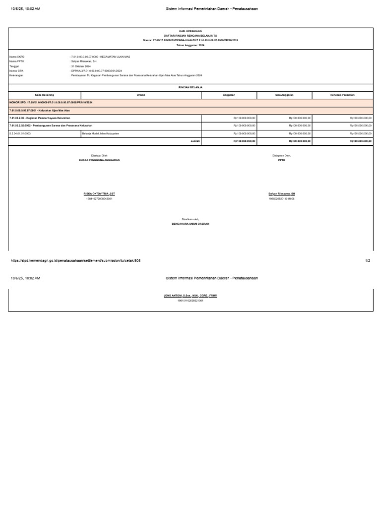 Rincian Belanja TU Kecamatan Ujan Mas | PDF