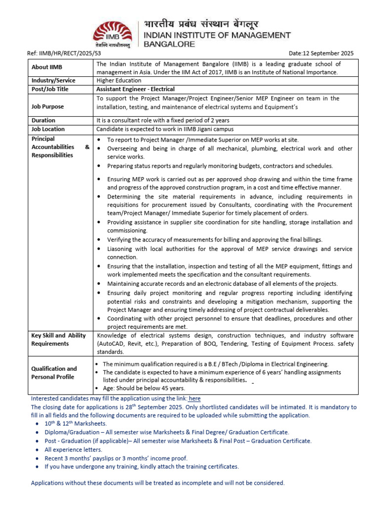 Assistant Engineer - Electrical Job at IIMB | PDF