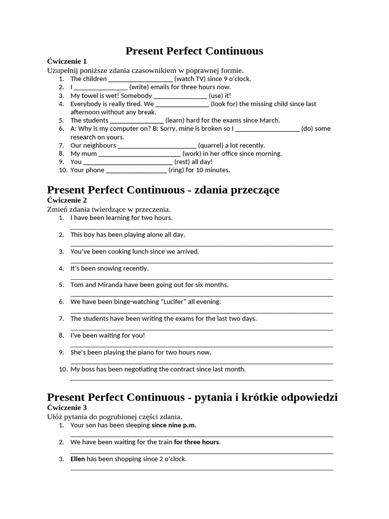 Present Perfect Continuous Exercises | PDF | Chess Openings | Chess
