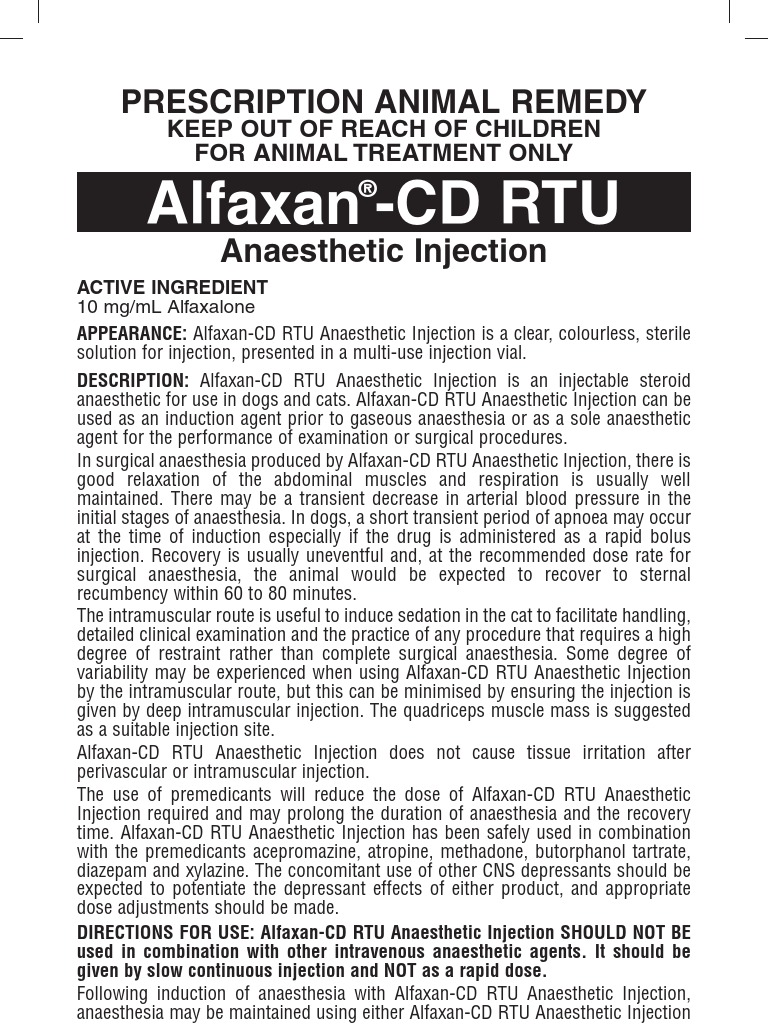 Alfaxan CD Rtu Leaflet Australia Feb 06 | PDF | Anesthesia | Injection ...