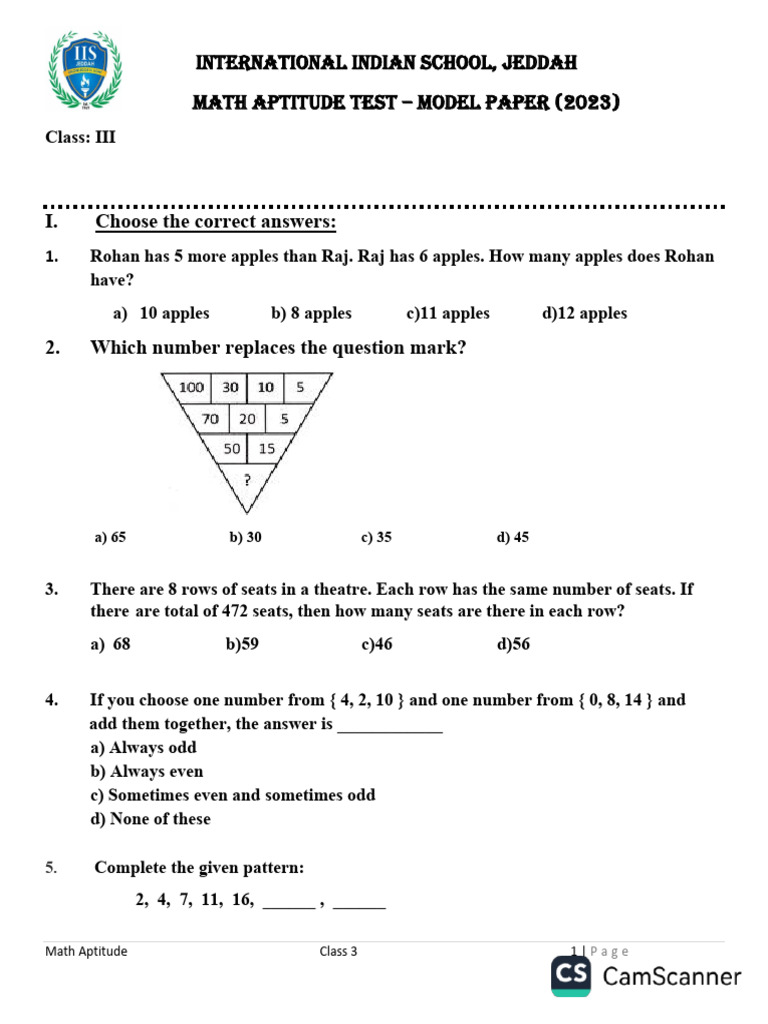 Class 3 Math Aptitude Test Paper | PDF | Chess | Chess Theory