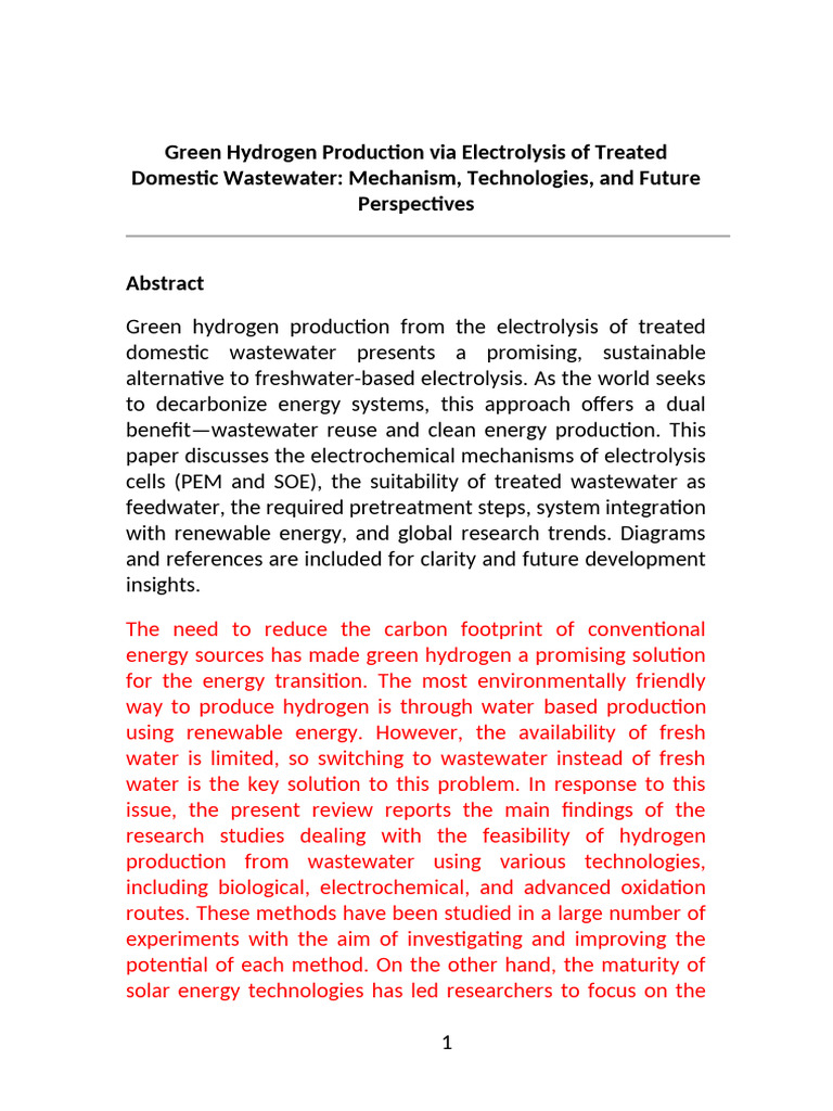 Green Hydrogen from Wastewater Electrolysis | PDF | Energy Storage | Water