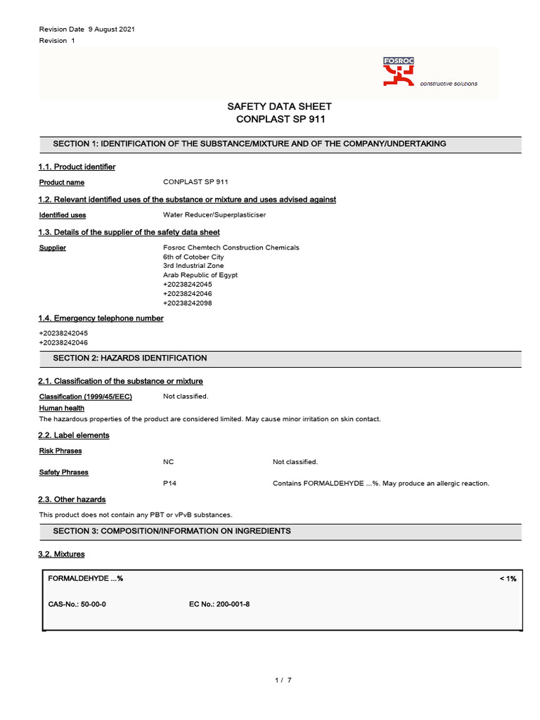 Conplast SP 911 Safety Data Sheet | PDF | Chemical Substances ...