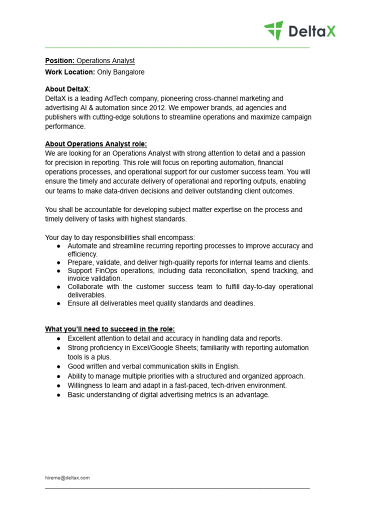 DeltaX - Operation Analyst - JD | PDF