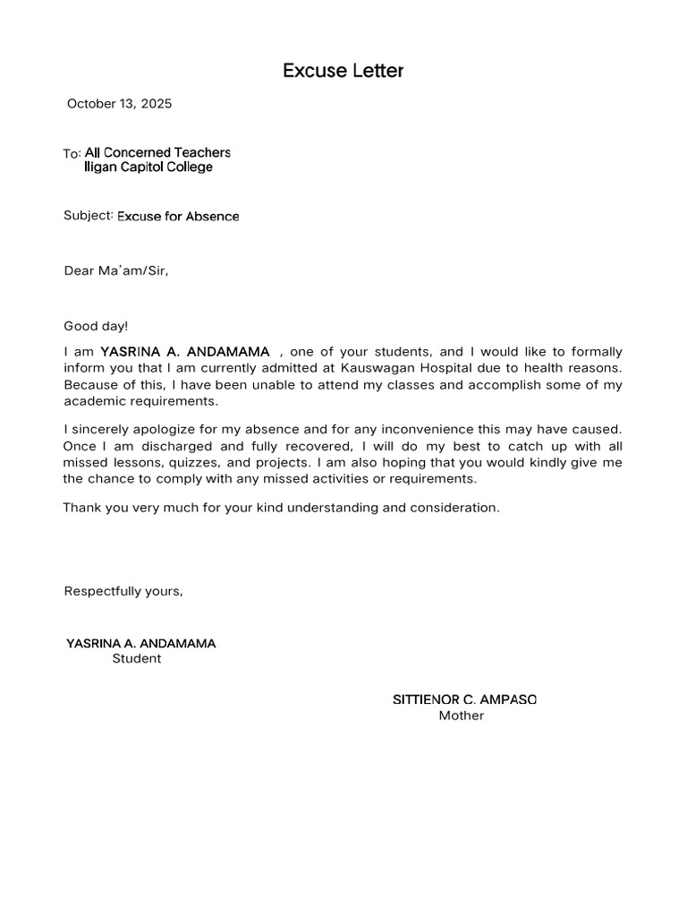 Excuse Letter YASRINA Final | PDF