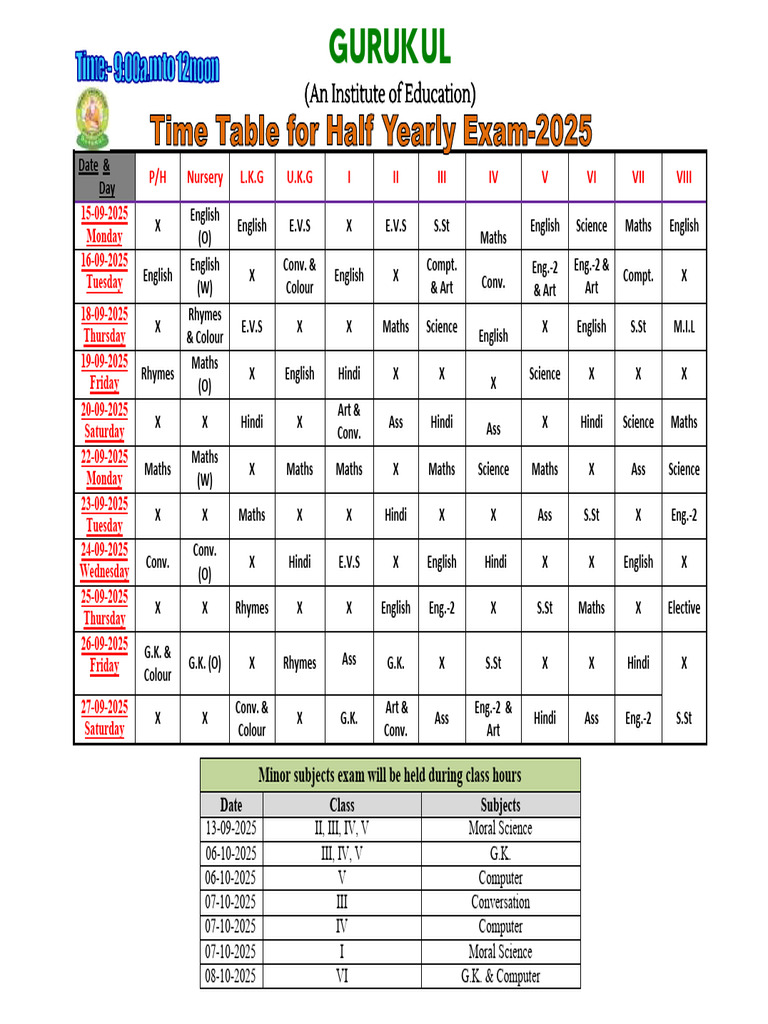 Half Yearly Exam Schedule 2025 | PDF