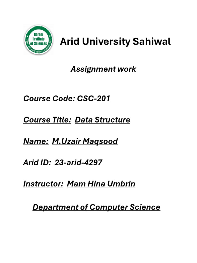 Data Structure Assignment - Arid University | PDF