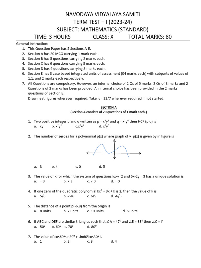 Class X Mathematics Term Test 2023-24 | PDF | Area | Circle