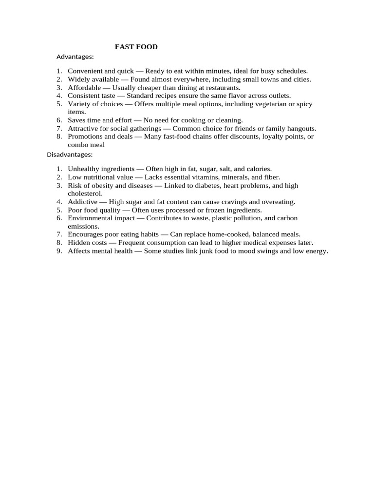 Advantages:: Fast Food | PDF