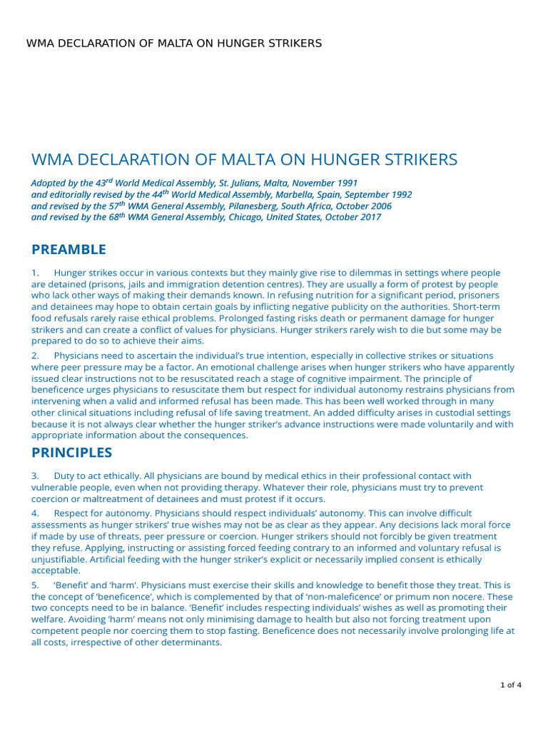 WMA Malta Declaration on Hunger Strikers | PDF | Autonomy | Physician