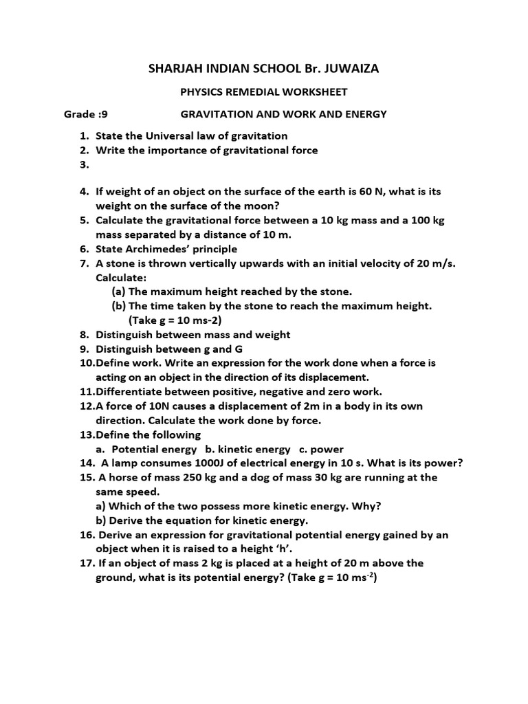 Grade 9 Physics: Gravitation & Energy Worksheet | PDF