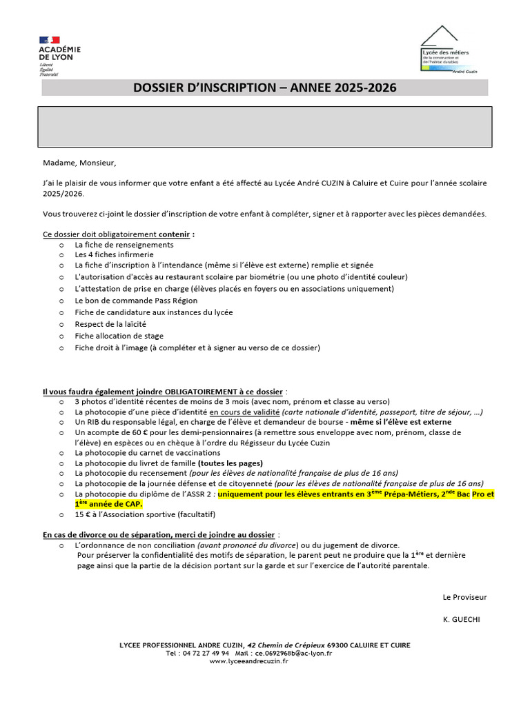 Dossier d'inscription Lycée André Cuzin 2025-2026 | PDF