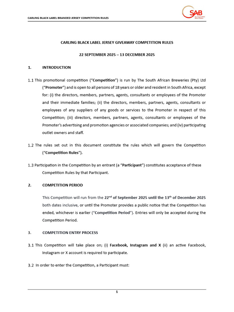Carling Black Label Jersey Competition Rules | PDF | Indemnity | Justice