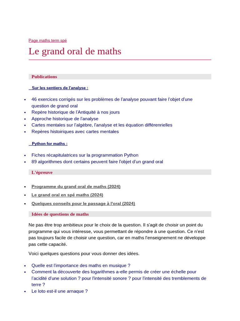 Grand Oral Maths : Guide et Questions | PDF | Mathématiques | Pi