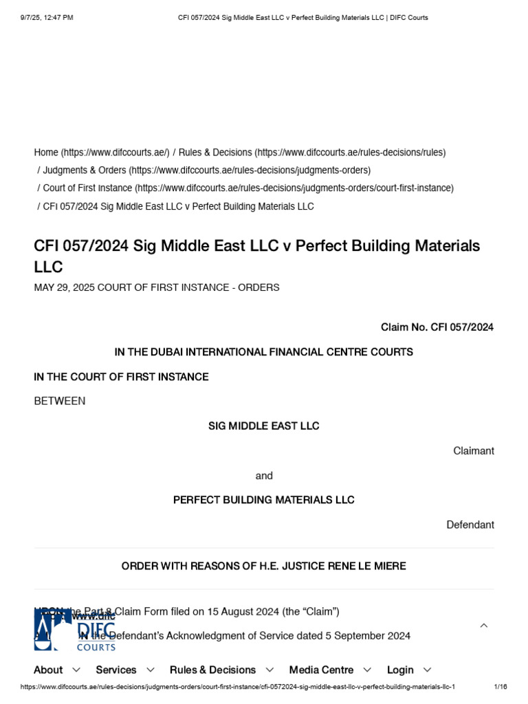 Sig Middle East LLC v Perfect Building Materials LLC Judgment | PDF ...