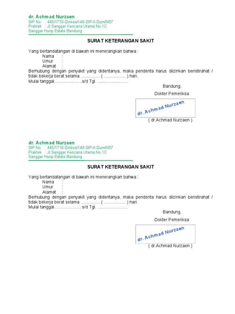 Contoh Surat Keterangan Sakit