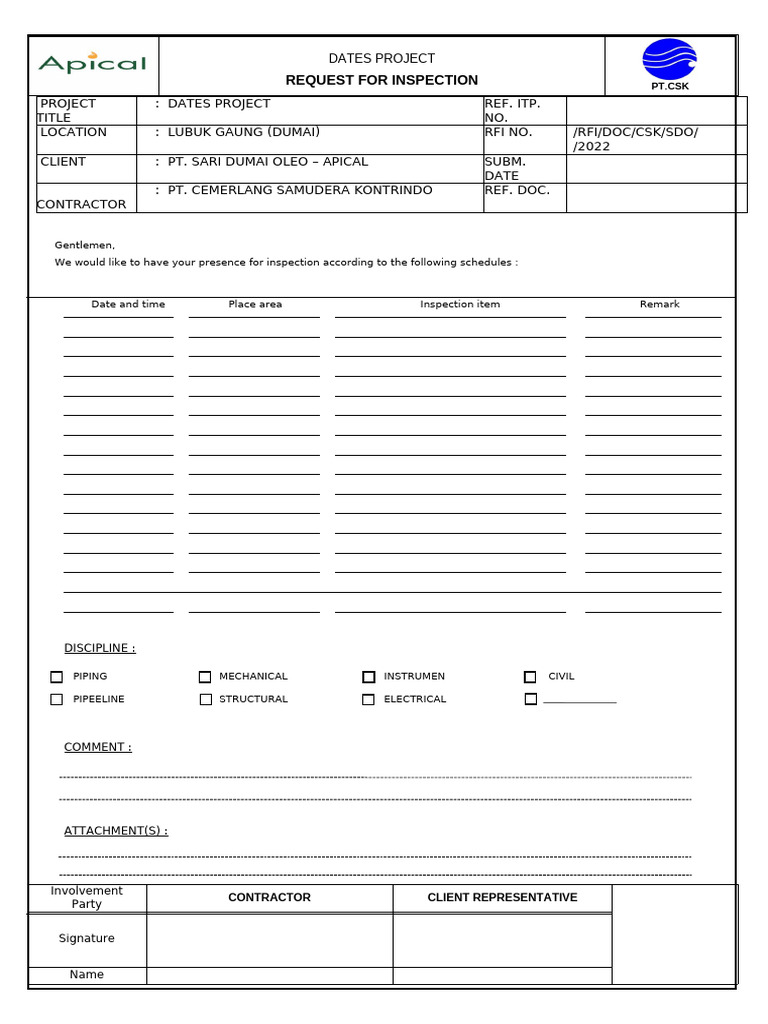 Dates Project Inspection Request | PDF