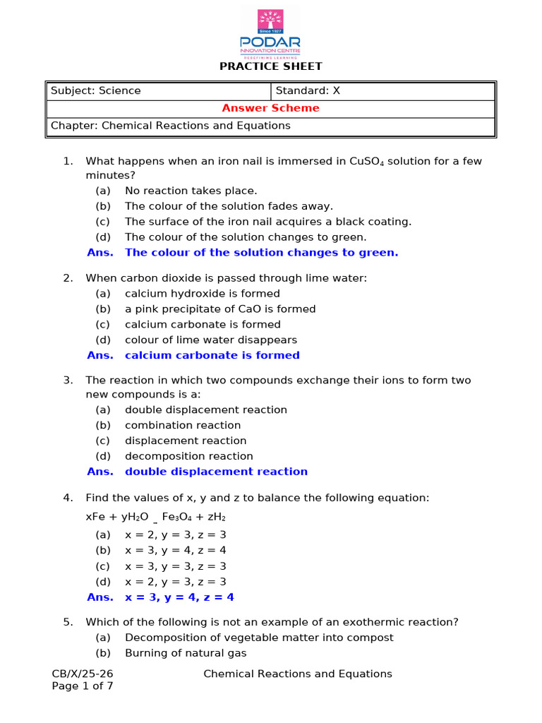 Chemical Reactions Practice Sheet | PDF | Chemical Reactions | Redox