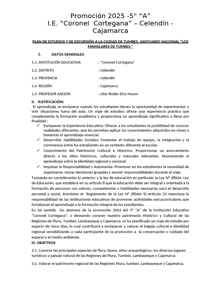 Excursión Educativa a Tumbes 2025 | PDF | Plan de estudios | Aprendizaje